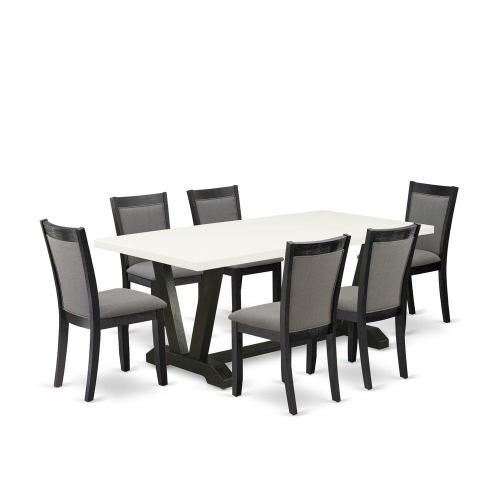 V627MZ650-7 7 Piece Kitchen Table Set - Linen White Dinner Table with 6 Dark Gotham Grey Dining Chairs - Wire Brushed Black Finish. Picture 2