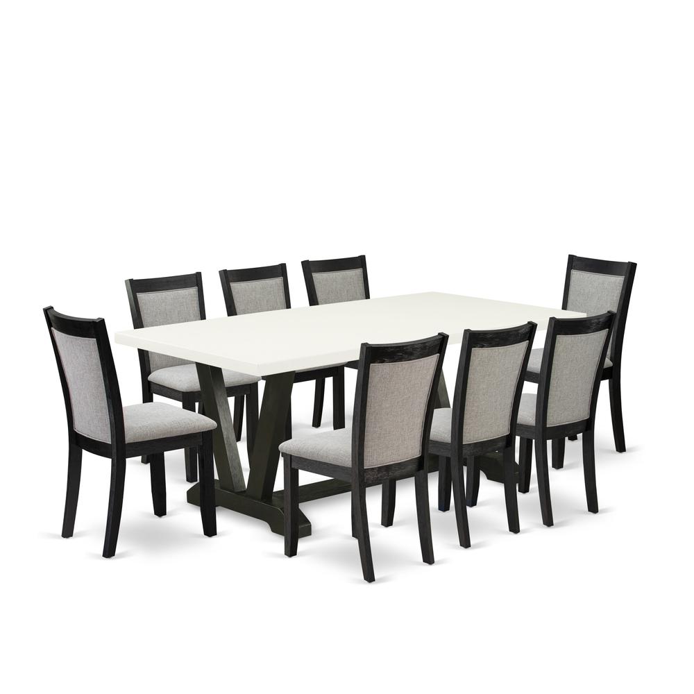 V627MZ650-9 9 Pc Table Set - Linen White Dinner Table with 8 Dark Gotham Grey Dinning Chairs - Wire Brushed Black Finish. Picture 2