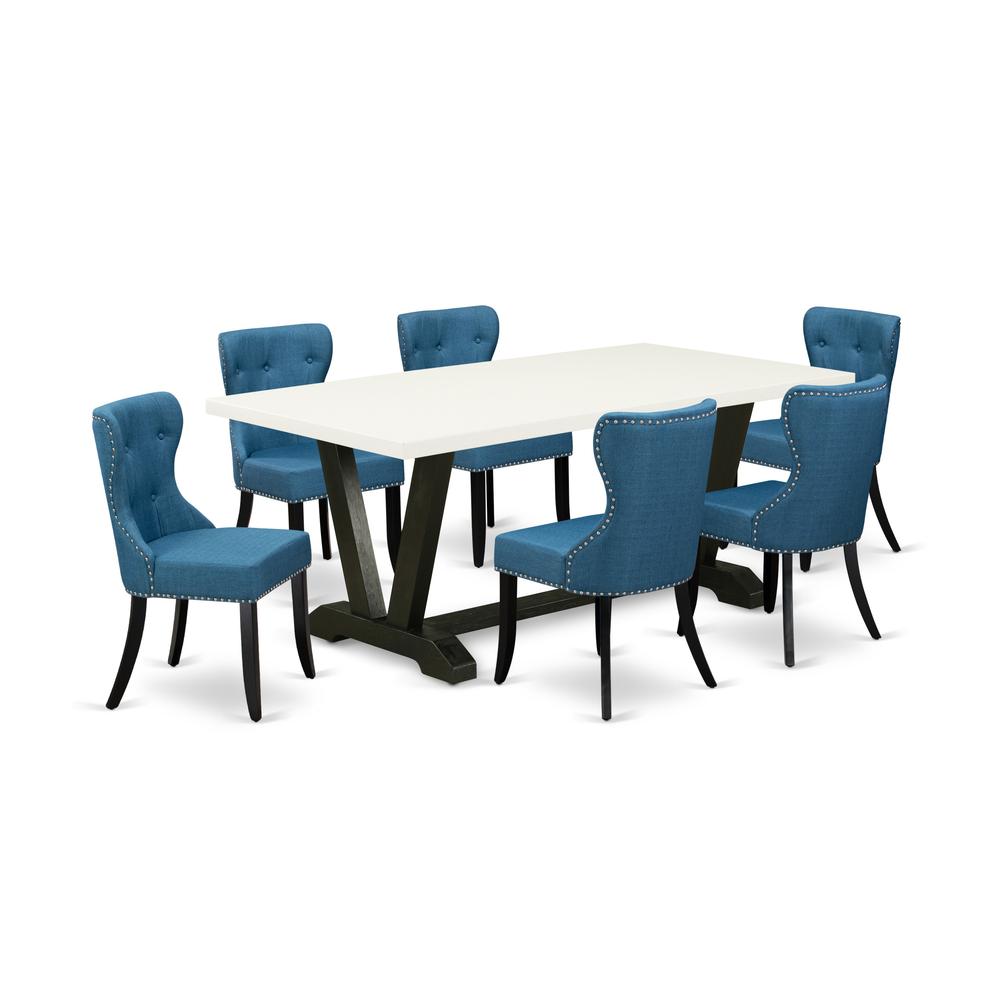 East West Furniture V627SI121-7 7-Piece Dinette Set- 6 padded parson chairs with Blue Linen Fabric Seat and Button Tufted Chair Back - Rectangular Table Top & Wooden Legs - Linen White and Black Finis. Picture 1