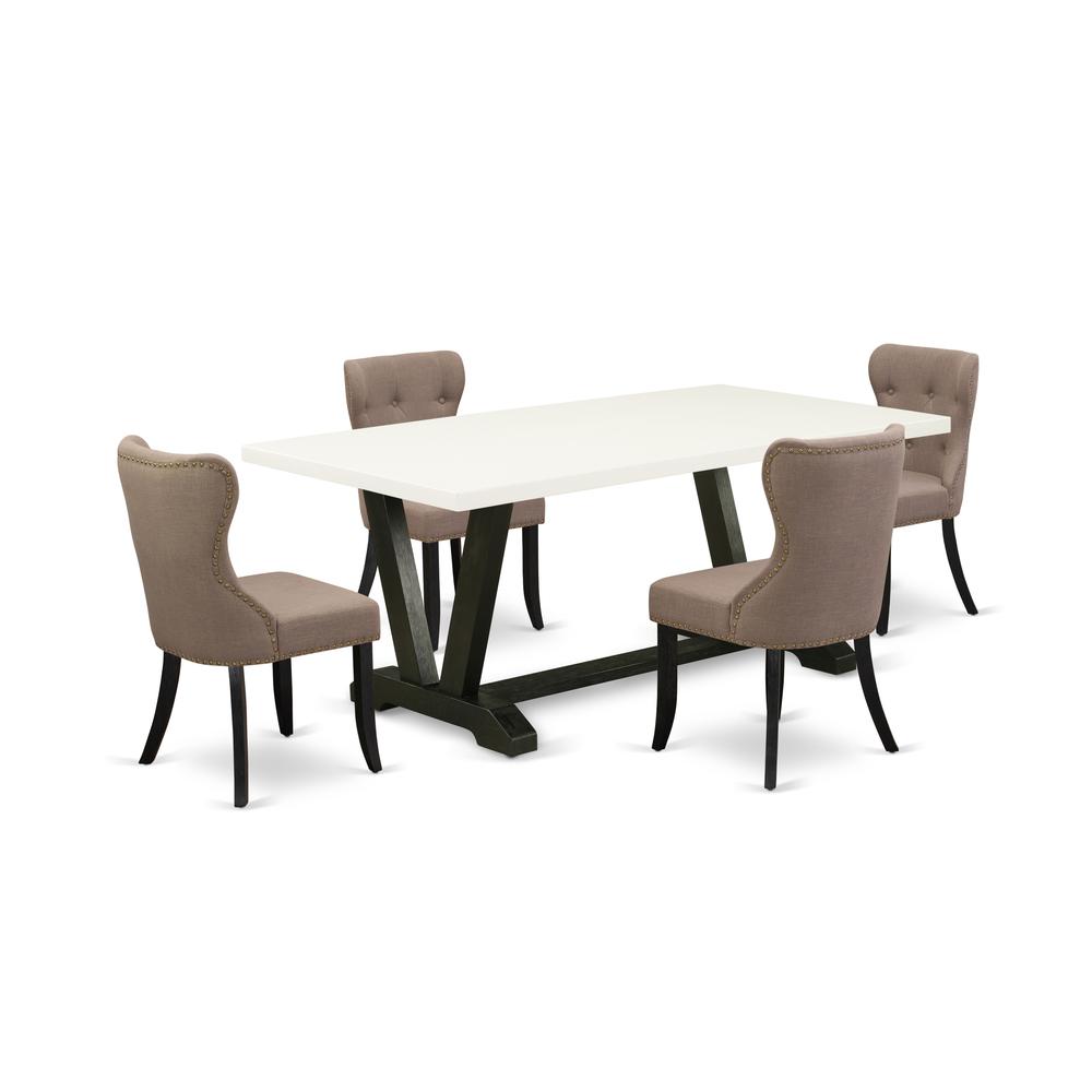 East West Furniture 5-Pc Table Dining Set-Coffee Linen Fabric Seat and Button Tufted Back Dining Chairs and Rectangular Top Living Room Table with Hardwood Legs - Linen White and Wirebrushed Black Fin. Picture 1