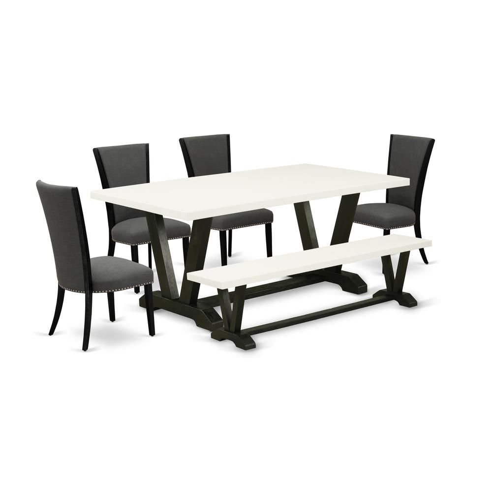 East West Furniture V627VE650-6 6 Piece Dining Set - 4 Dark Gotham Grey Linen Fabric Dining Room Chairs with Nailheads and Linen White Wooden Table - 1 Dining Bench - Black Finish. Picture 1