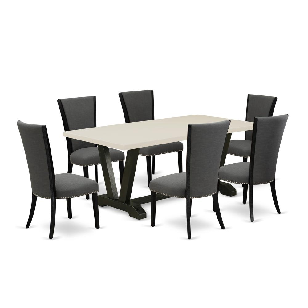 East West Furniture 7 Piece Modern Dining Set Consists of a Linen White Dinning Table and 6 Dark Gotham Grey Linen Fabric Parson Chairs with High Back - Wire Brushed Black Finish. Picture 2
