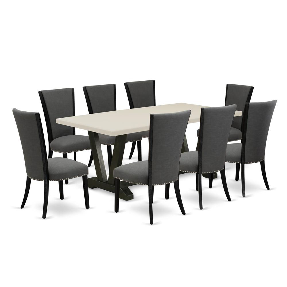 East West Furniture 9 Piece Dining Room Table Set Includes a Linen White Dining Room Table and 8 Dark Gotham Grey Linen Fabric Dining Chairs with High Back - Wire Brushed Black Finish. Picture 2