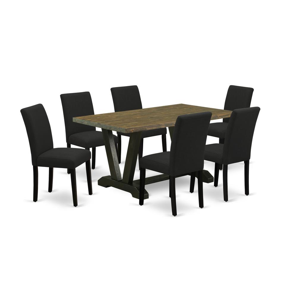 East West Furniture 7-Piece Table and Chairs Dining Set Includes 6 Mid Century Dining Chairs with Upholstered Seat and High Back and a Rectangular Wood Dining Table - Black Finish. Picture 1