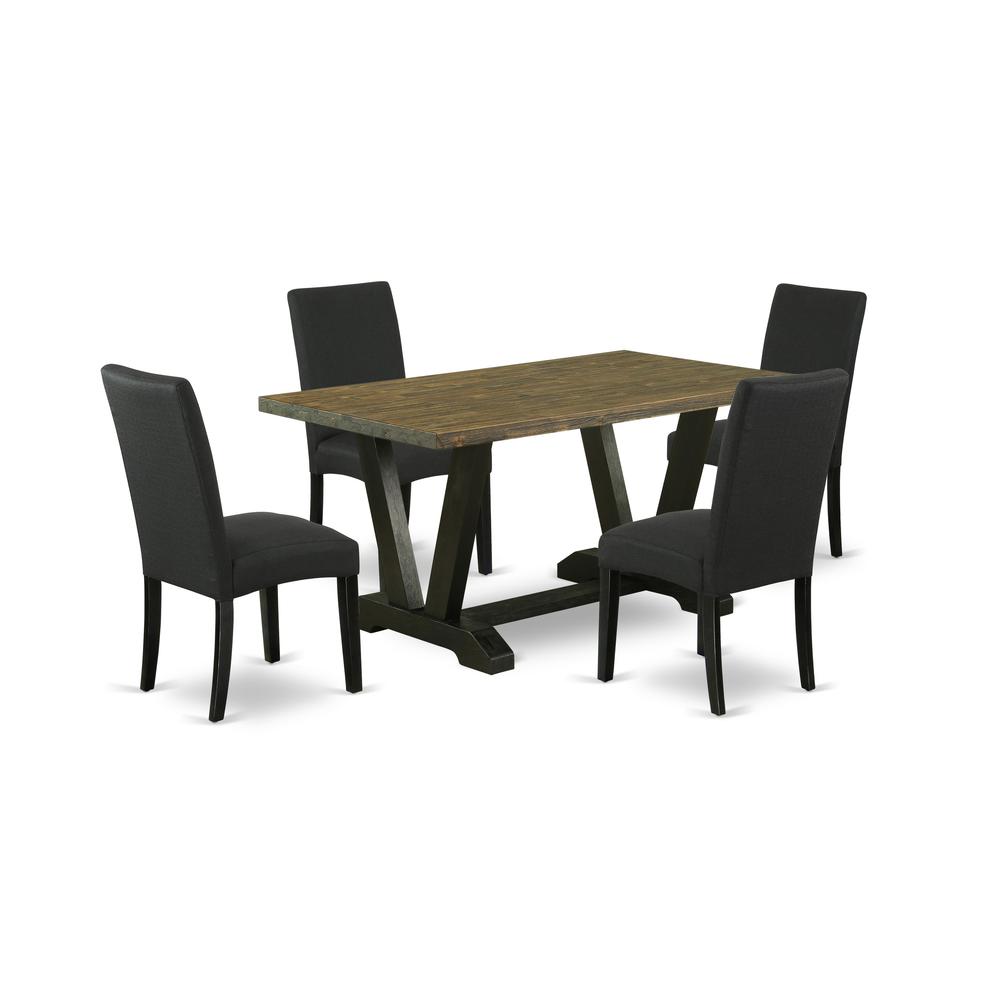 East West Furniture V676DR124-5 5-Piece Dinette Room Set- 4 Parson Chairs with Black Linen Fabric Seat and Stylish Chair Back - Rectangular Table Top & Wooden Legs - Distressed Jacobean and Black Fini. Picture 1