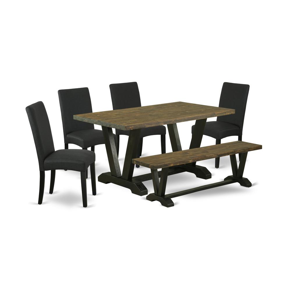 East West Furniture V676DR124-6 6-Piece Dining Table Set- 4 Mid Century Dining Chairs with Black Linen Fabric Seat and Stylish Chair Back - Rectangular Top & Wooden Legs Kitchen Table and Dining Room. Picture 1