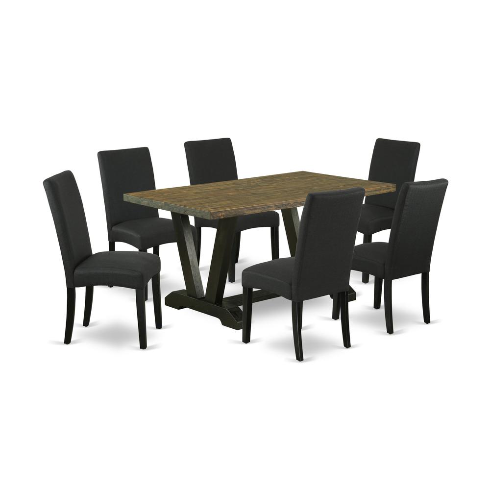 East West Furniture V676DR124-7 7-Piece Kitchen Dining Set- 6 Upholstered Dining Chairs with Black Linen Fabric Seat and Stylish Chair Back - Rectangular Table Top & Wooden Legs - Distressed Jacobean. Picture 1