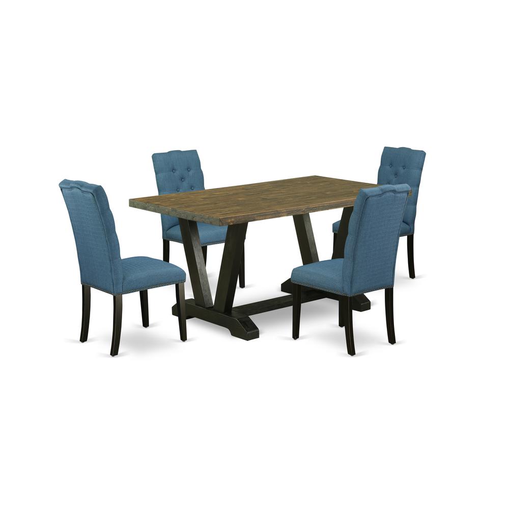 East West Furniture V676EL121-5 5-Piece Stylish an Excellent Distressed Jacobean Dining Table Top and 4 Gorgeous Linen Fabric Parson Chairs with Nail Heads and Button Tufted Chair Back, Wire Brushed B. Picture 1