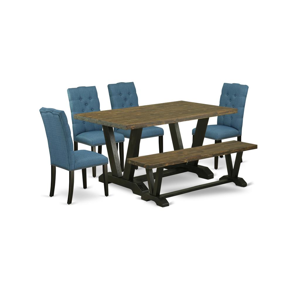 East West Furniture V676EL121-6 6-Piece Amazing Modern Dining Table Set a Great Distressed Jacobean Kitchen Rectangular Table Top and Distressed Jacobean Dining Bench and 4 Excellent Linen Fabric kitc. Picture 1