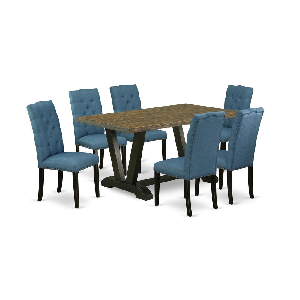 East West Furniture V676EL121-7 7-Piece Fashionable Dining Set an Excellent Distressed Jacobean Wood Dining Table Top and 6 Awesome Linen Fabric Dining Room Chairs with Nail Heads and Button Tufted Ch. Picture 1