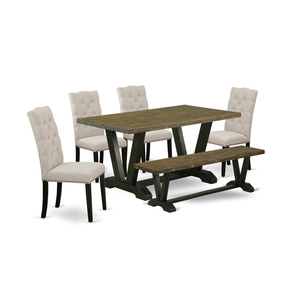 East West Furniture 6-Pc Dining -Doeskin Linen Fabric Seat and Button Tufted Chair Back Parson chairs, A Rectangular Bench and Rectangular Top Modern Dining Table with Solid Wood Legs - Distressed Jac. The main picture.