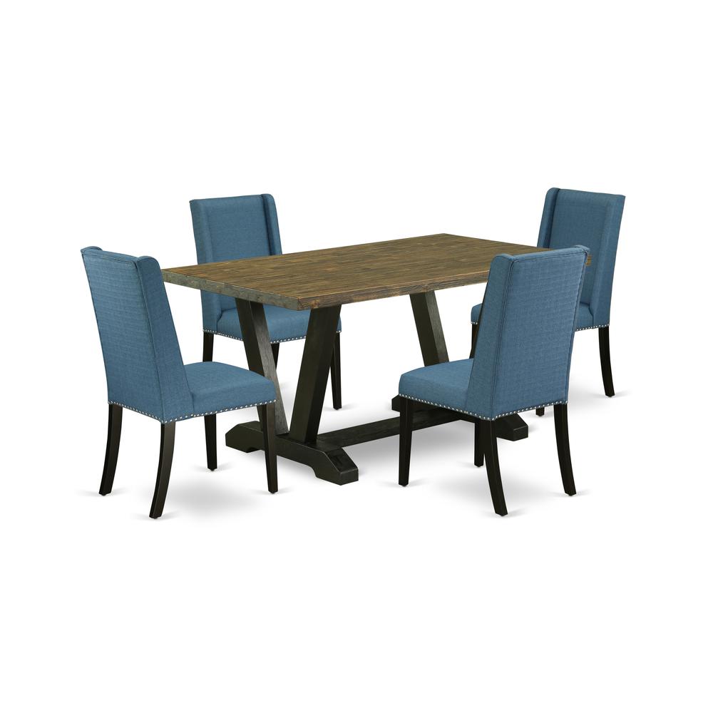 East West Furniture V676FL121-5 5-Piece Amazing Dining Set a Great Distressed Jacobean Dining Table Top and 4 Gorgeous Linen Fabric Dining Chairs with Nail Heads and Stylish Chair Back, Wire Brushed B. Picture 1