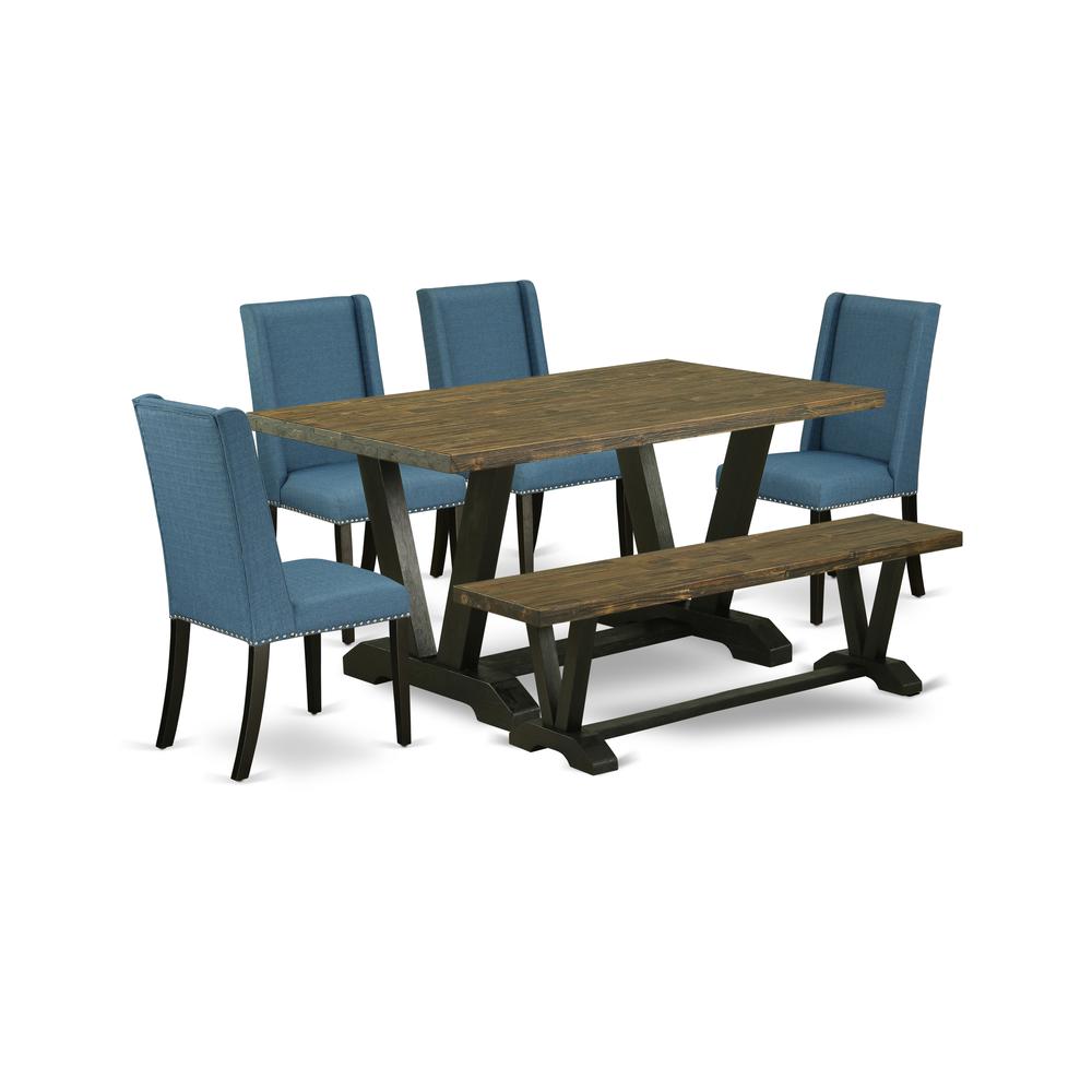 East West Furniture V676FL121-6 6-Piece Amazing Dining Room Set a Superb Distressed Jacobean Rectangular Dining Table Top and Distressed Jacobean Small Bench and 4 Awesome Linen Fabric Dining Room Cha. Picture 1