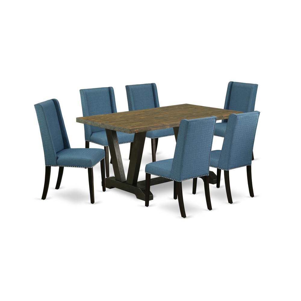 East West Furniture V676FL121-7 7-Piece Stylish Dining Room Set a Great Distressed Jacobean Wood Dining Table Top and 6 Attractive Linen Fabric Parson Chairs with Nail Heads and Stylish Chair Back, Wi. Picture 1