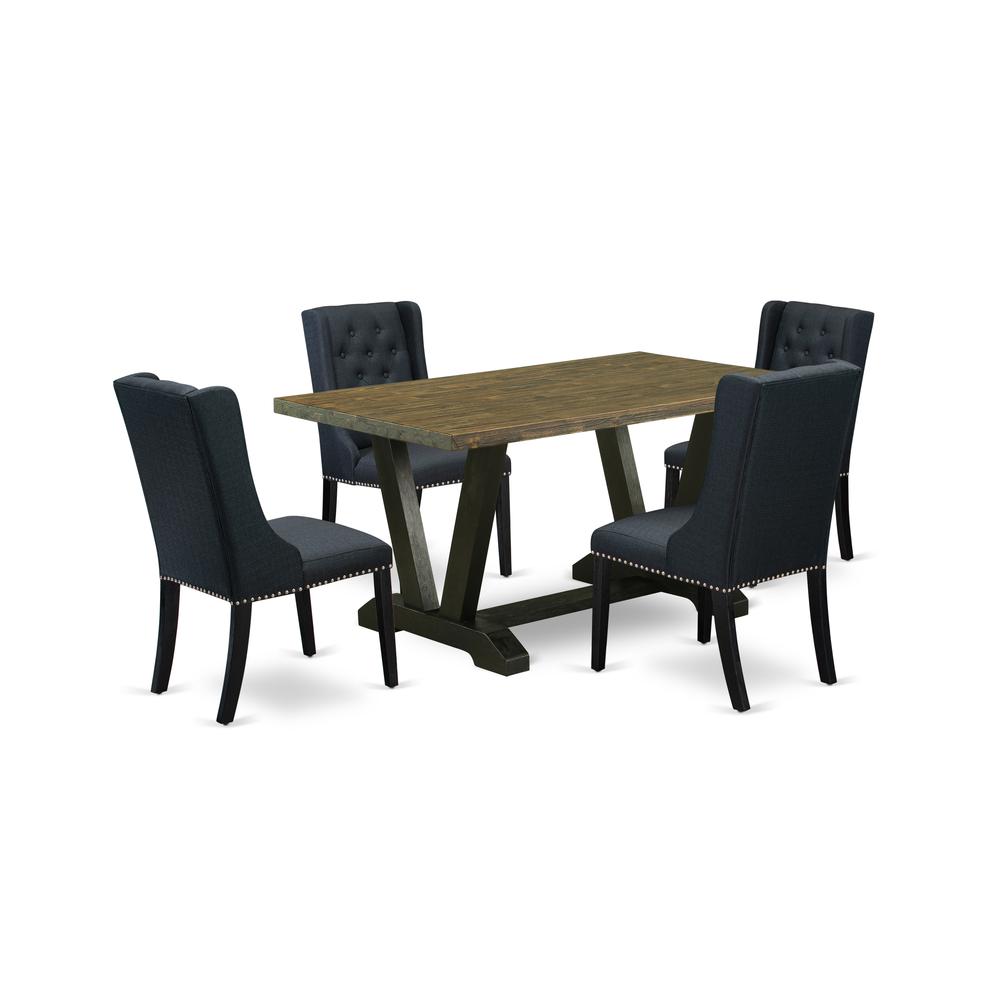 East West Furniture V676FO624-5 5 Piece Dining Table Set Includes 4 Black Linen Fabric Kitchen Chairs with Nailheads and Distressed Jacobean Dining Room Table - Wire Brush Black Finish. Picture 1