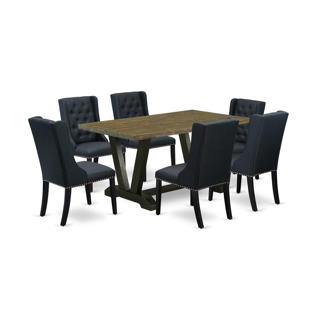 East West Furniture V676FO624-7 7 Pc Dining Set - 6 Black Linen Fabric Dining Room Chair Button Tufted with Nailheads and Distressed Jacobean Dining Table - Wire Brush Black Finish. Picture 1