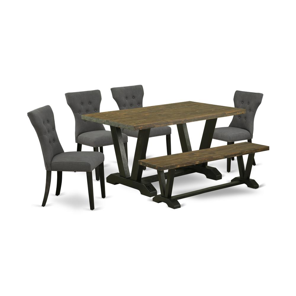 East West Furniture 6-Pc Dining Set-Dark Gotham Grey Linen Fabric Seat and Button Tufted Chair Back Parson Dining chairs, A Rectangular Bench and Rectangular Top dining room table with Hardwood Legs -. Picture 1