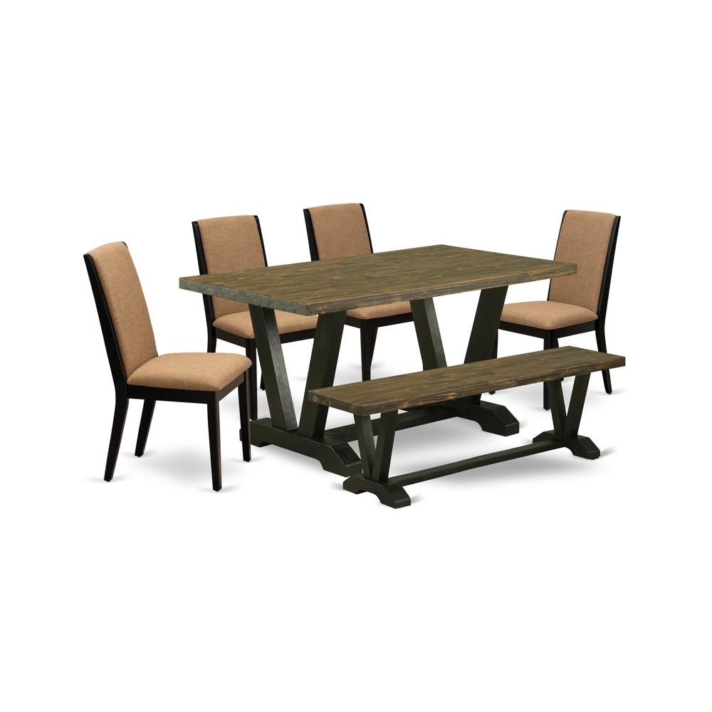 East West Furniture V676LA147-6 6-Piece Awesome kitchen table set a Great Distressed Jacobean dining table Top and Distressed Jacobean Dining Bench and 4 Attractive Linen Fabric Kitchen Parson Chairs. Picture 1