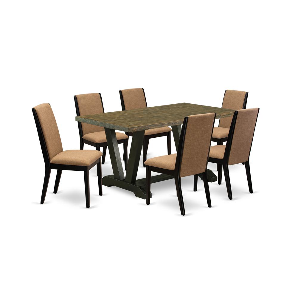 East West Furniture V676LA147-7 7-Piece Stylish a Superb Distressed Jacobean Dining Table Top and 6 Gorgeous Linen Fabric Dining Chairs with Stylish Chair Back, Wire Brushed Black Finish. Picture 1