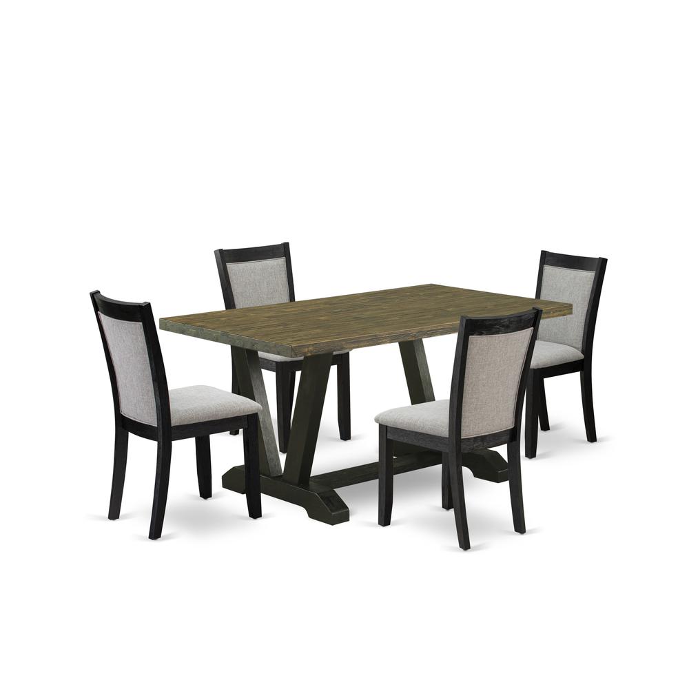 V676MZ606-5 5 Piece Kitchen Table Set - Distressed Jacobean Dining Room Table with 4 Shitake Chairs - Wire Brushed Black Finish. Picture 2