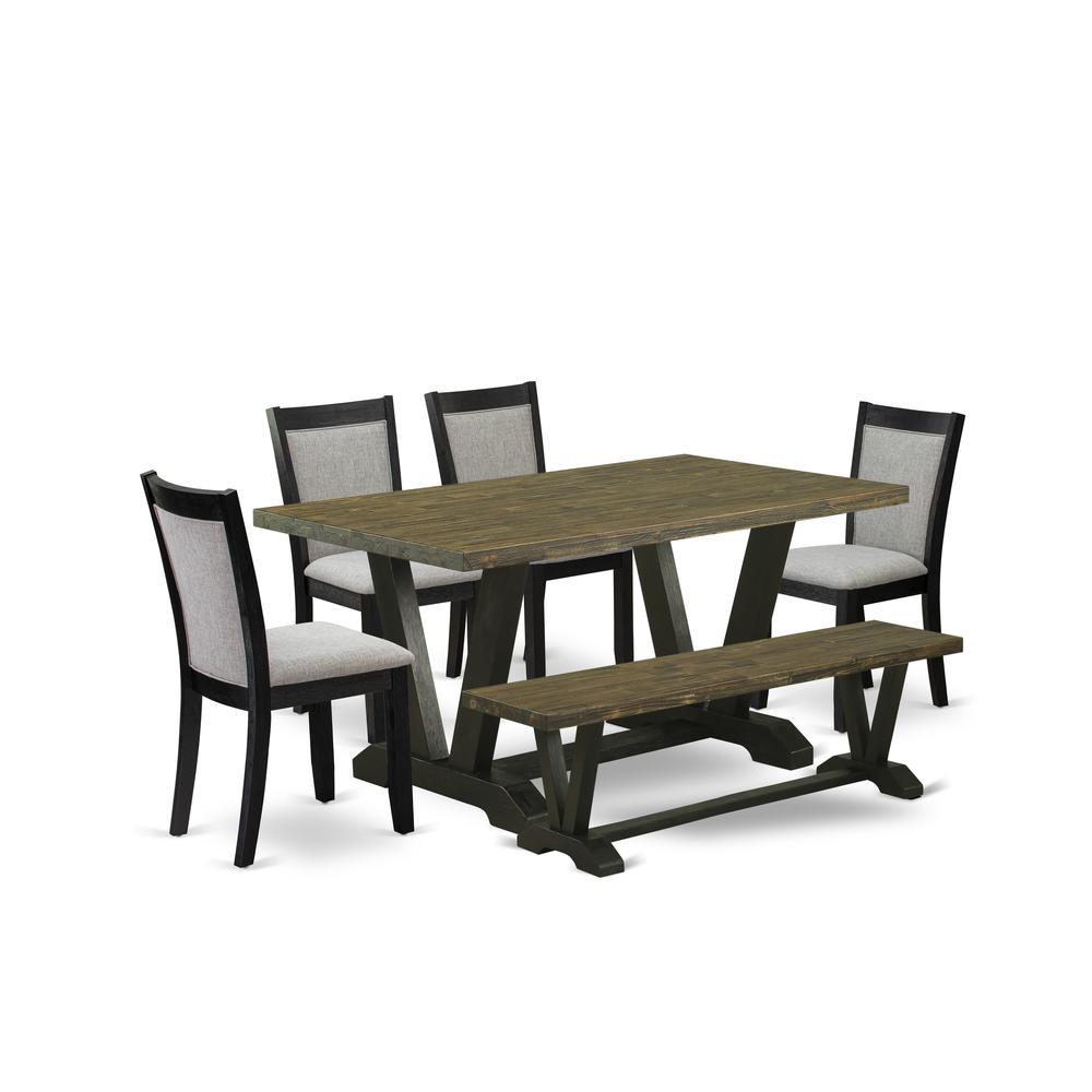 V676MZ606-6 6 Pc Dining Table Set - Distressed Jacobean Dinner Table with a Bench and 4 Shitake Chairs - Wire Brushed Black Finish. Picture 2
