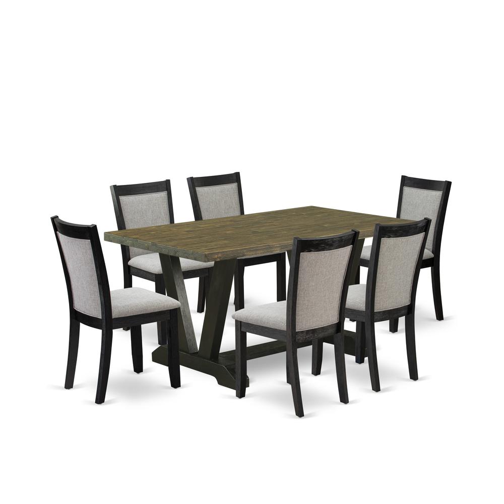 V676MZ606-7 7 Pc Dinette Set - Distressed Jacobean Wood Table with 6 Shitake Kitchen Chairs - Wire Brushed Black Finish. Picture 2