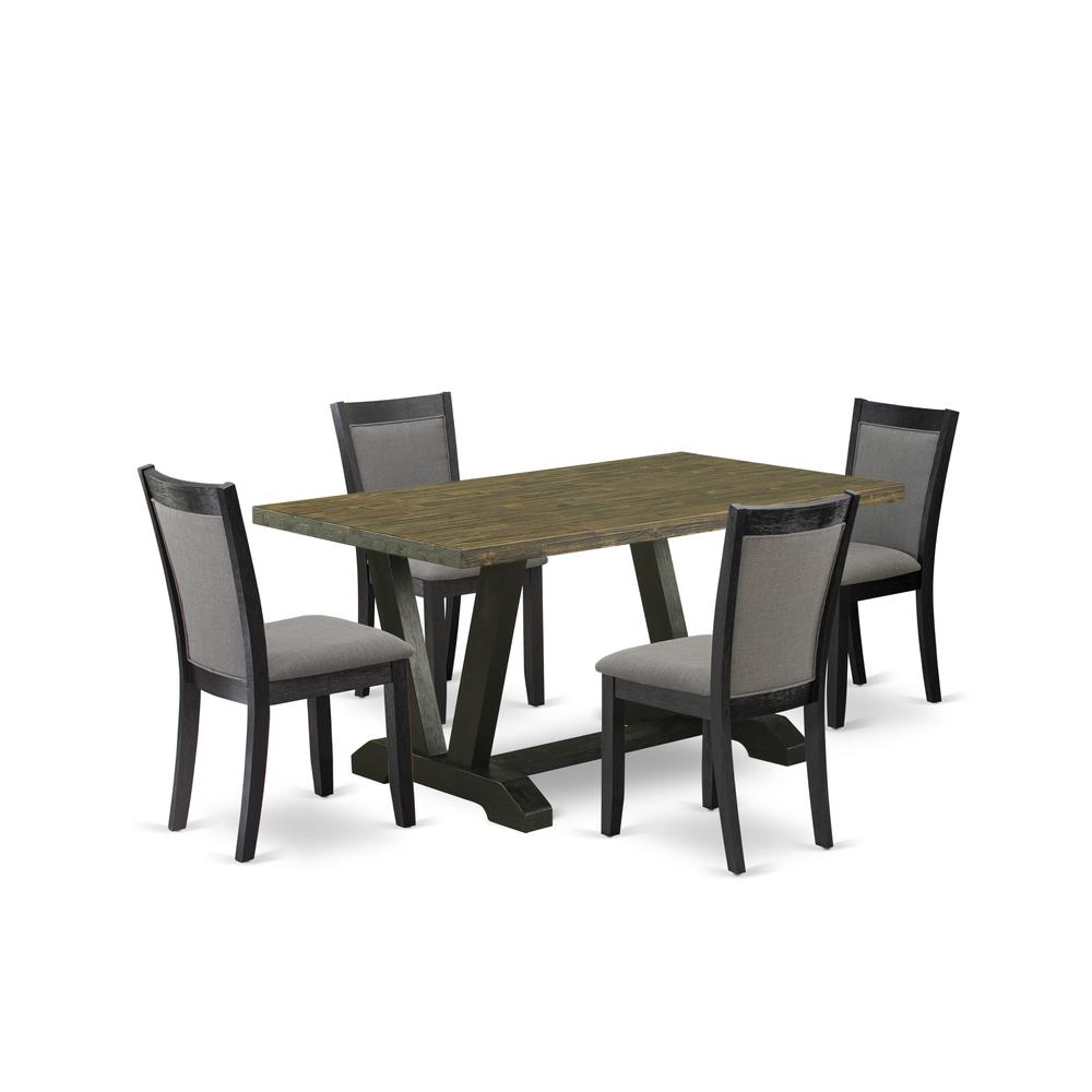 V676MZ650-5 5 Piece Dining Set - Distressed Jacobean Table with 4 Dark Gotham Grey Linen Fabric Chairs - Wire Brushed Black Finish. Picture 2