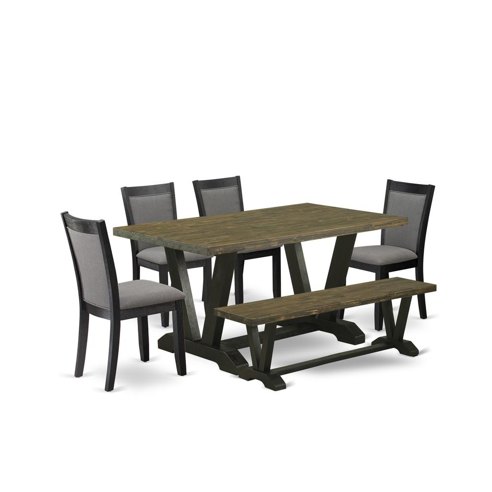V676MZ650-6 6 Pc Dining Set - Distressed Jacobean Table with Bench and 4 Dark Gotham Grey Chairs - Wire Brushed Black Finish. Picture 2
