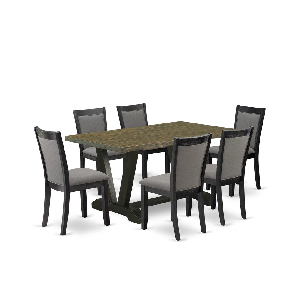 V676MZ650-7 7 Pc Dinette Set - Distressed Jacobean Table with 6 Dark Gotham Grey Linen Fabric Chairs - Wire Brushed Black Finish. Picture 2