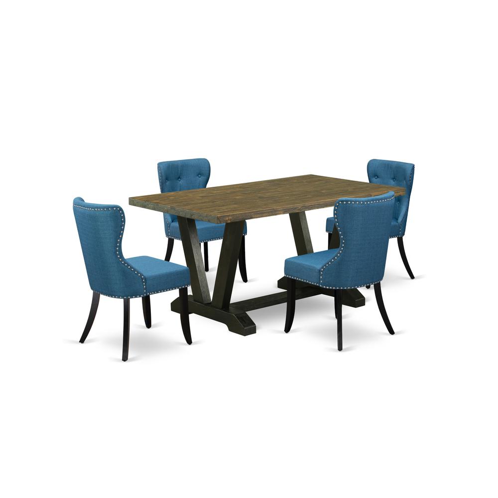 East West Furniture V676SI121-5 5-Pc Dining Room Set- 4 Dining Room Chairs with Blue Linen Fabric Seat and Button Tufted Chair Back - Rectangular Table Top & Wooden Legs - Distressed Jacobean and Blac. Picture 1