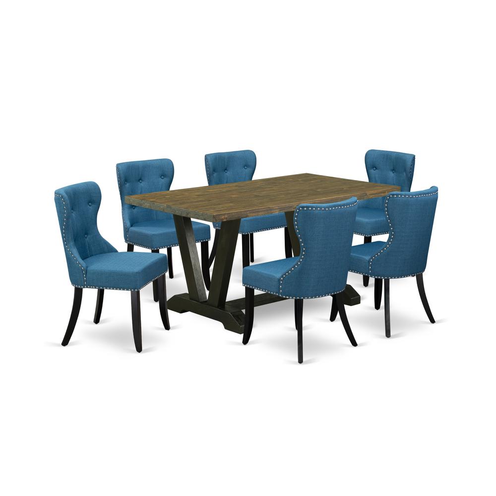 East West Furniture V676SI121-7 7-Pc Dinette Room Set- 6 Dining Padded Chairs with Blue Linen Fabric Seat and Button Tufted Chair Back - Rectangular Table Top & Wooden Legs - Distressed Jacobean and B. Picture 1