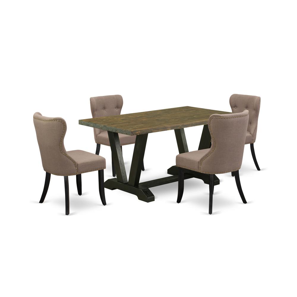 East West Furniture V676SI648-5 5-Pc Dining Table Set- 4 Parson Dining Chairs with Coffee Linen Fabric Seat and Button Tufted Chair Back - Rectangular Table Top & Wooden Legs - Distressed Jacobean and. Picture 1