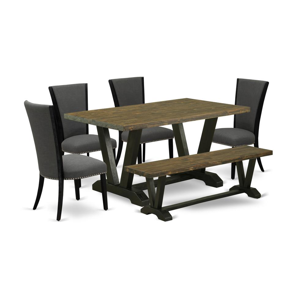 East West Furniture V676VE650-6 6 Piece Mid Century Dining Set - 4 Dark Gotham Grey Linen Fabric Kitchen Chairs with Nailheads and Distressed Jacobean Dinner Table - 1 Wood Bench - Black Finish. Picture 1