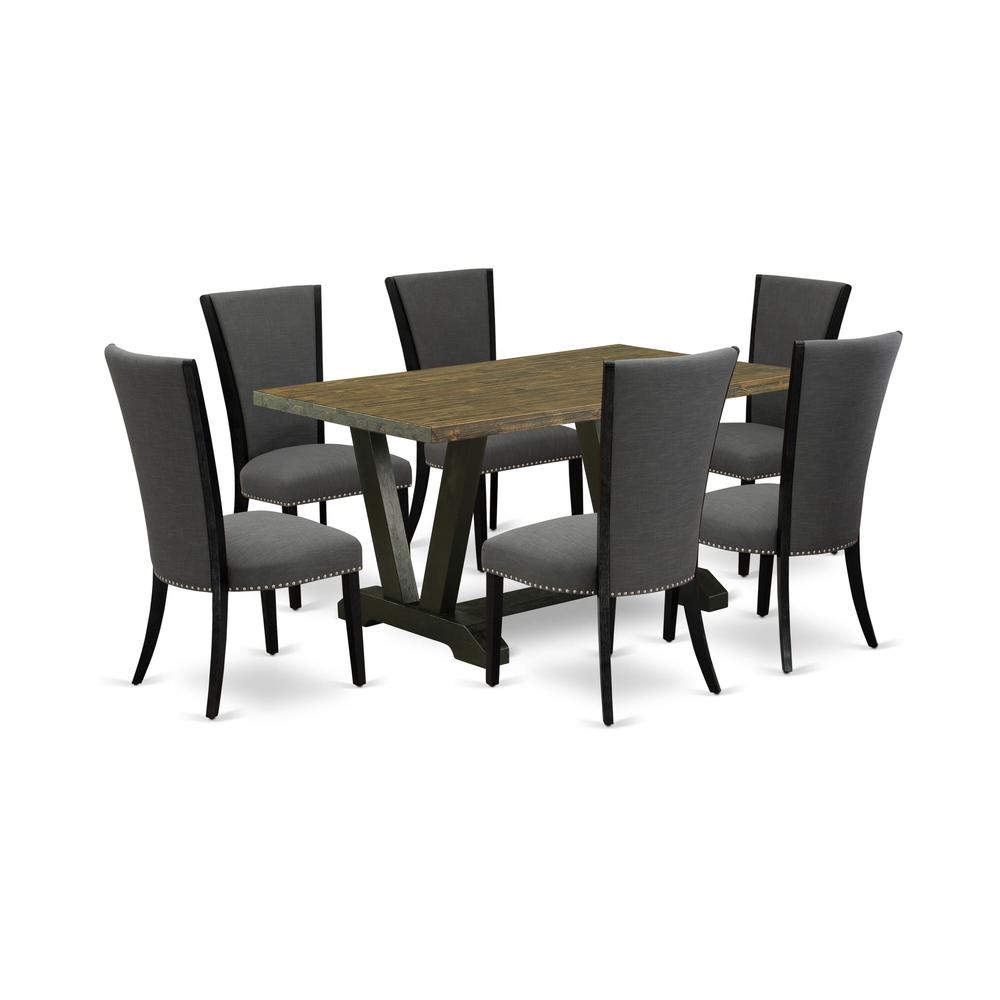 East West Furniture 7 Piece Dining Set Contains a Distressed Jacobean Wooden Dining Table and 6 Dark Gotham Grey Linen Fabric Dining Chairs with High Back - Wire Brushed Black Finish. Picture 2