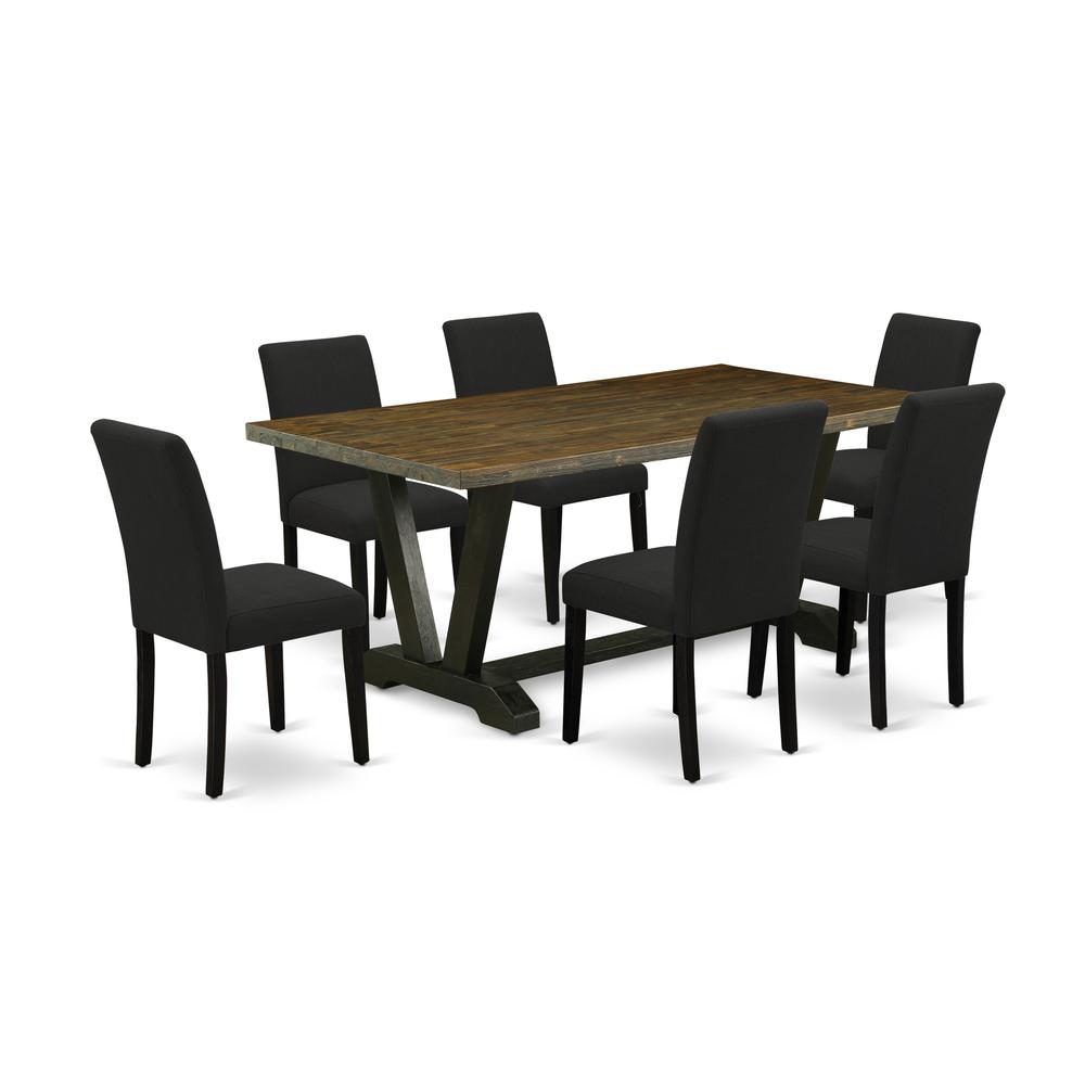 East West Furniture 7-Pc dining room table set Includes 6 Kitchen Chairs with Upholstered Seat and High Back and a Rectangular Dining Room Table - Black Finish. Picture 1