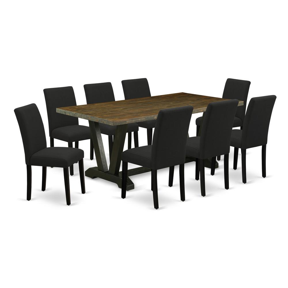 East West Furniture 9-Piece kitchen dining table set Includes 8 Mid Century Chairs with Upholstered Seat and High Back and a Rectangular Wooden Dining Table - Black Finish. Picture 1