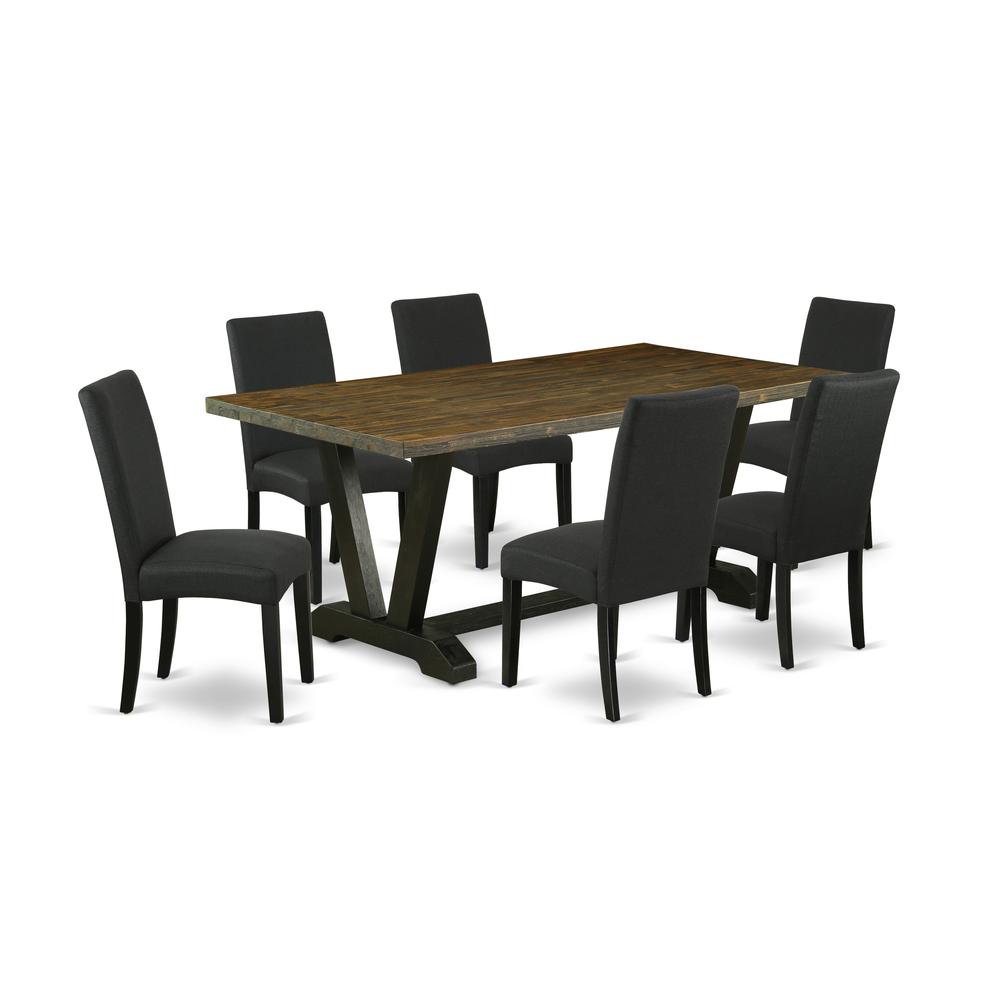 East West Furniture V677DR124-7 7-Piece Dining Room Set- 6 Parson Dining Room Chairs with Black Linen Fabric Seat and Stylish Chair Back - Rectangular Table Top & Wooden Legs - Distressed Jacobean and. Picture 1