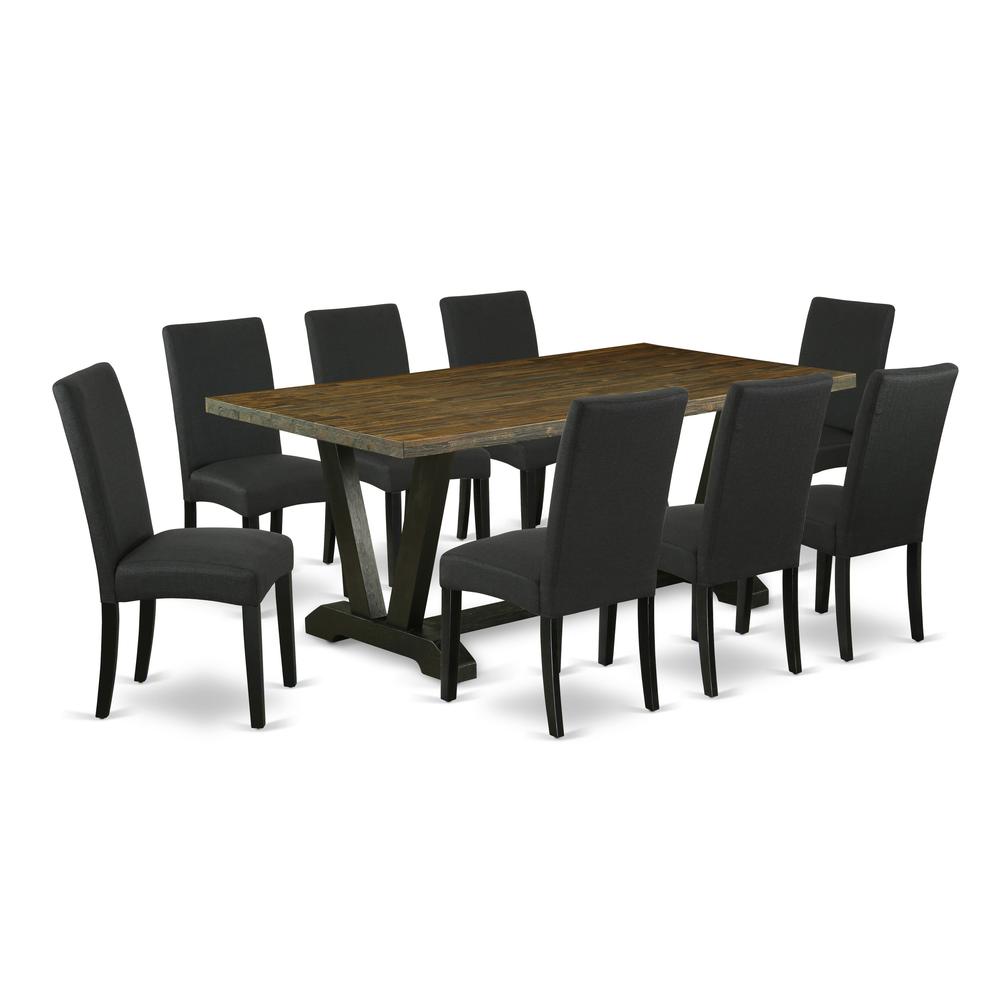 East West Furniture V677DR124-9 9-Piece Modern Dining Table Set- 8 Parson Chairs with Black Linen Fabric Seat and Stylish Chair Back - Rectangular Table Top & Wooden Legs - Distressed Jacobean and Bla. Picture 1