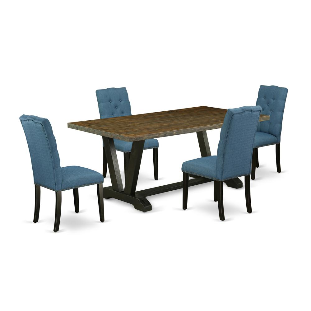 East West Furniture V677EL121-5 5-Piece Amazing Dining Room Set a Superb Distressed Jacobean Kitchen Table Top and 4 Excellent Linen Fabric Kitchen Chairs with Nail Heads and Button Tufted Chair Back,. Picture 1
