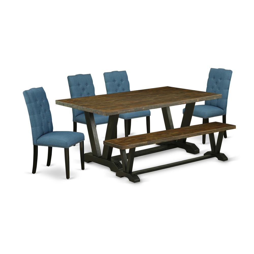 East West Furniture V677EL121-6 6-Piece Gorgeous Modern Dining Table Set a Good Distressed Jacobean Rectangular Dining Table Top and Distressed Jacobean Indoor Bench and 4 Lovely Linen Fabric Dining C. Picture 1