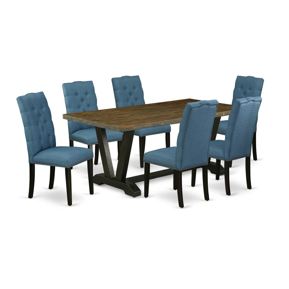 East West Furniture V677EL121-7 7-Piece Beautiful a Great Distressed Jacobean Rectangular Dining Table Top and 6 Wonderful Linen Fabric Dining Chairs with Nail Heads and Button Tufted Chair Back, Wire. The main picture.