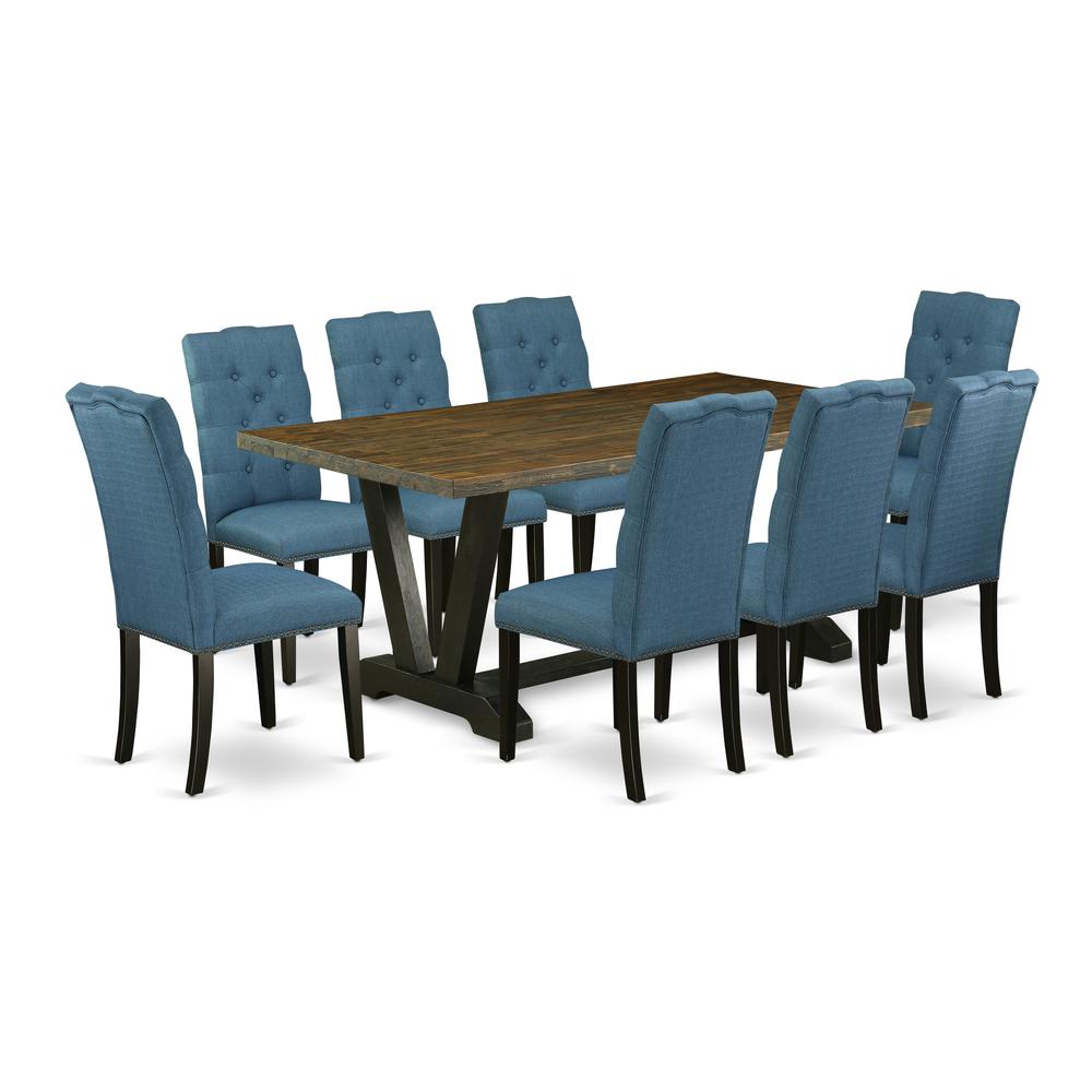 East West Furniture V677EL121-9 9-Piece Amazing Dining Table Set an Excellent Distressed Jacobean Modern Dining Table Top and 8 Lovely Linen Fabric Kitchen Chairs with Nail Heads and Button Tufted Cha. Picture 1