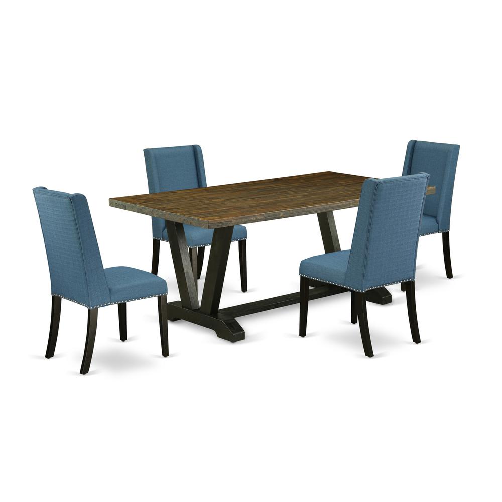 East West Furniture V677FL121-5 5-Piece Awesome kitchen table set an Excellent Distressed Jacobean dining table Top and 4 Stunning Linen Fabric Dining Chairs with Nail Heads and Stylish Chair Back, Wi. Picture 1