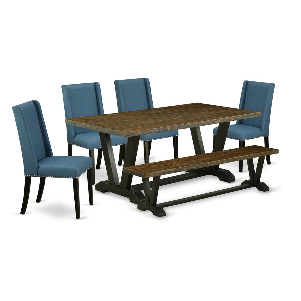 East West Furniture V677FL121-6 6-Piece Amazing Rectangular Dining Room Table Set a Good Distressed Jacobean Dining Table Top and Distressed Jacobean Dining Bench and 4 Lovely Linen Fabric Parson Chai. Picture 1