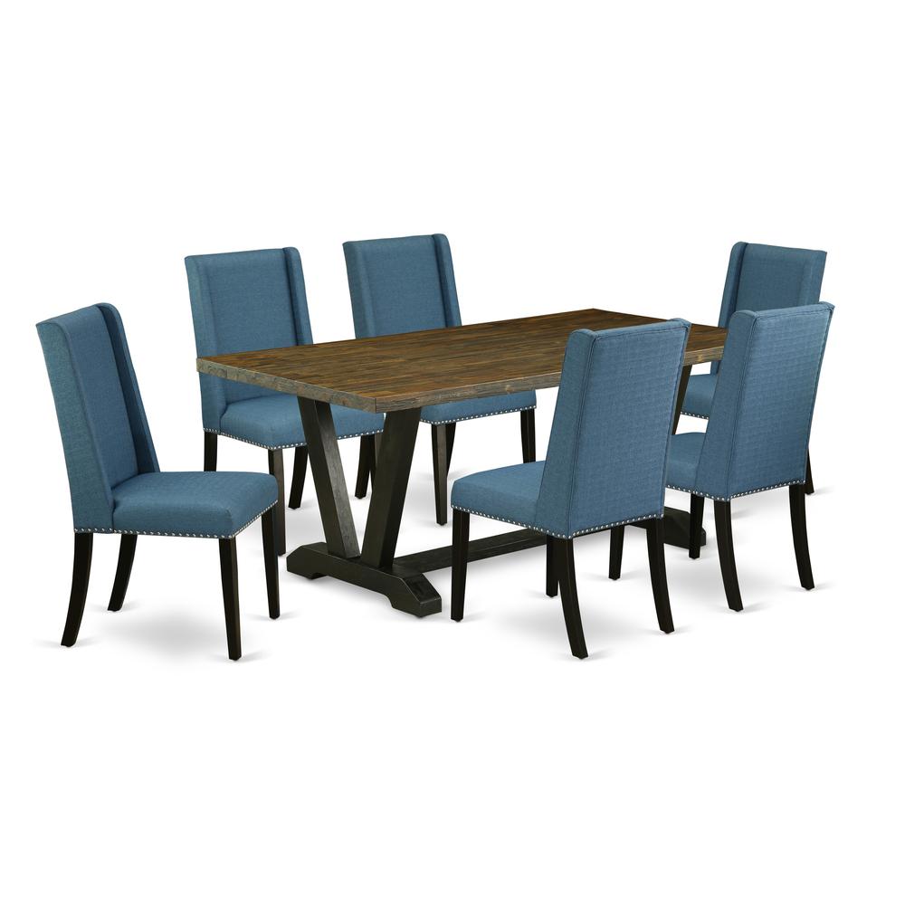 East West Furniture V677FL121-7 7-Piece Beautiful Rectangular Dining Room Table Set a Good Distressed Jacobean Kitchen Rectangular Table Top and 6 Amazing Linen Fabric Parson Dining Chairs with Nail H. Picture 1