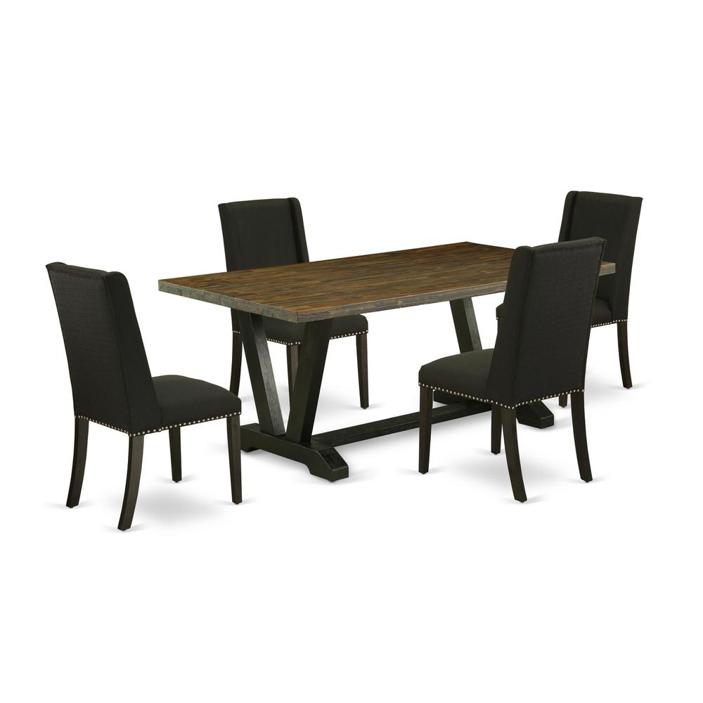 East West Furniture 5-Pc  Included 4 Dining chairs Upholstered Nails Head Seat and Stylish Chair Back and Rectangular Dining Table with Distressed Jacobean Dining Table Top - Black Finish. Picture 1