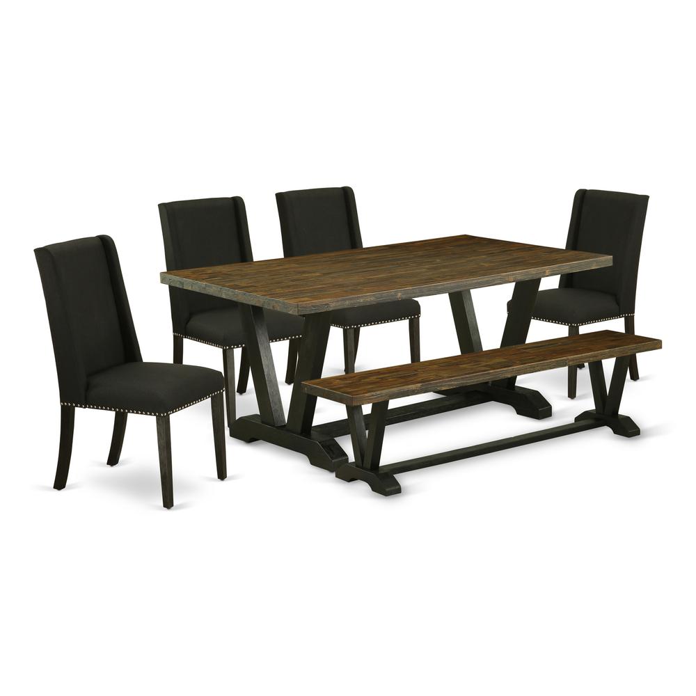 East West Furniture 6-Pc Dining room Table Set-Black Linen Fabric Seat and High Stylish Chair Back Parson chairs, A Rectangular Bench and Rectangular Top Kitchen Table with Wooden Legs - Distressed Ja. Picture 1