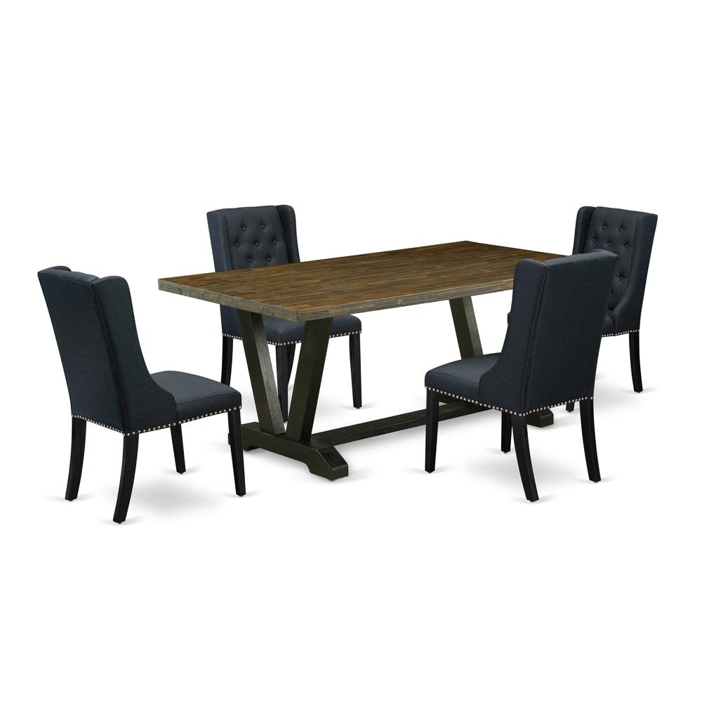 East West Furniture V677FO624-5 5 Piece Dining Table Set Consists of 4 Black Linen Fabric Dining Chairs with Nail heads and Distressed Jacobean Dining Table - Wire Brush Black Finish. Picture 1