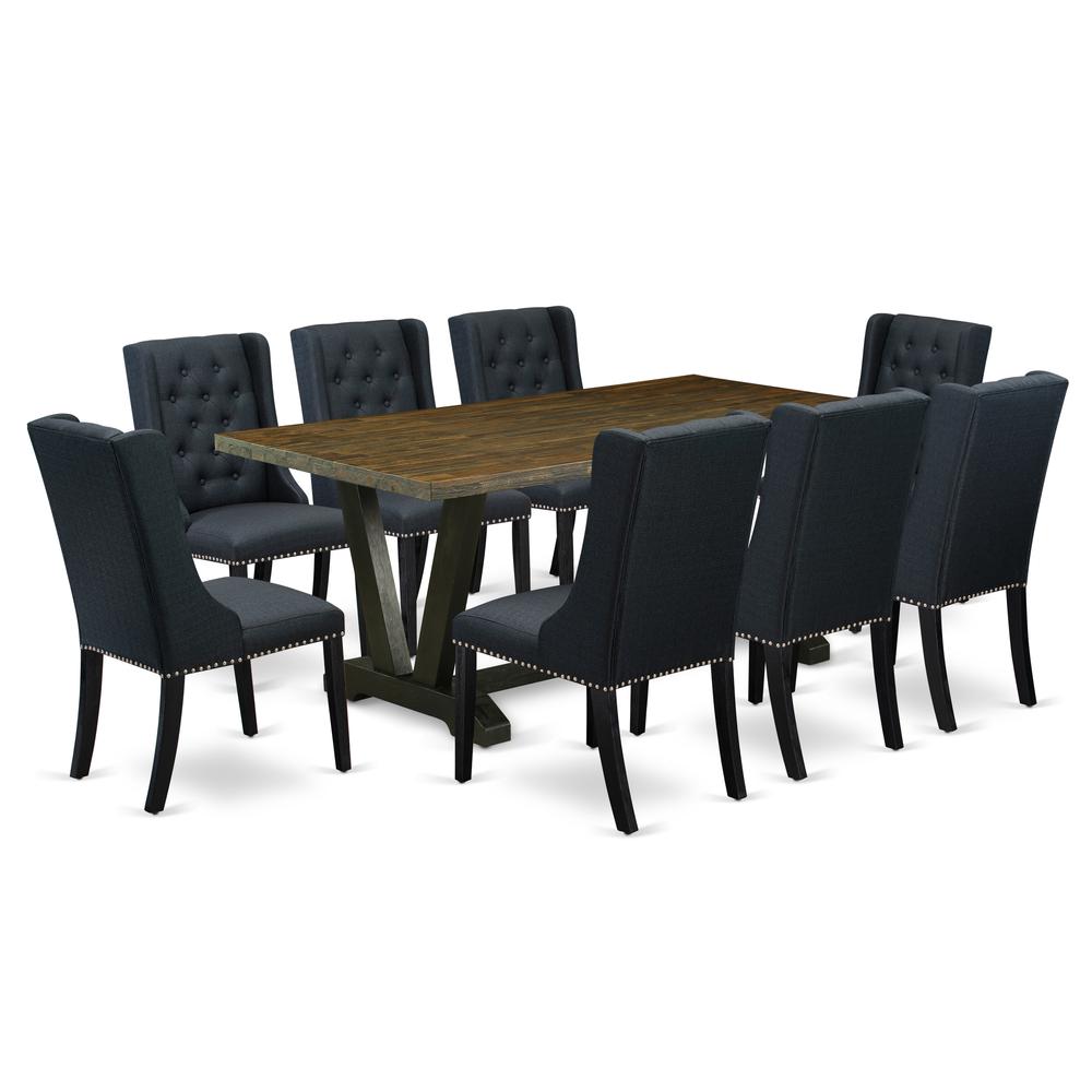 East West Furniture V677FO624-9 9 Pc Dining Set - 8 Black Linen Fabric Kitchen Chair Button Tufted with Nail heads and Distressed Jacobean Dining Room Table - Wire Brush Black Finish. Picture 1