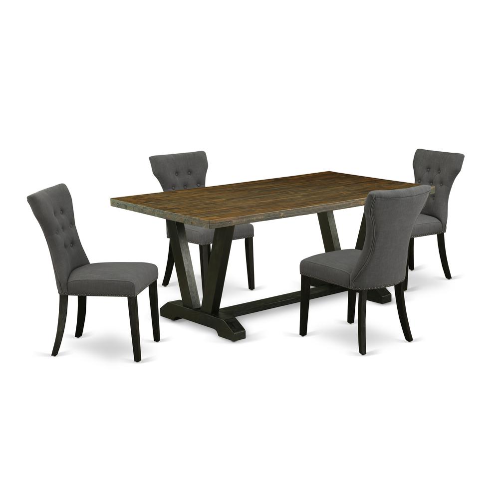 East West Furniture 5-Pc Modern Dinette Set Included 4 Parson Dining chairs Upholstered Seat and High Button Tufted Chair Back and Rectangular Dining Table with Distressed Jacobean Rectangular Dining. Picture 1